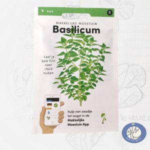 Product afbeelding ID 2495 met informatie over Basilicum zaden van het merk Makkelijke Moestuin voor website Birds and Berries België