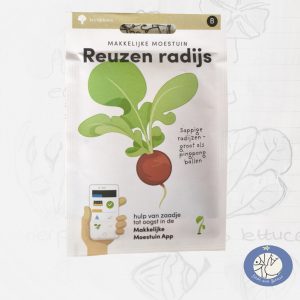 Product afbeelding ID 2594 met informatie over Reuzen Radijs zaden van het merk Makkelijke Moestuin. Met de bestelmogelijkheden voor de website Birds and Berries België